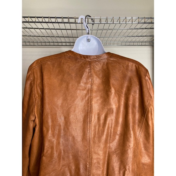 EILEEN FISHER Womens Tan Leather Jacket Sz S Zipper Collarless Timeless‎ Classic - Picture 11 of 12